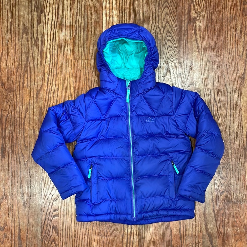 Kid’s L.L. Bean Down Jacket size S/8 Purple with teal contrast.
